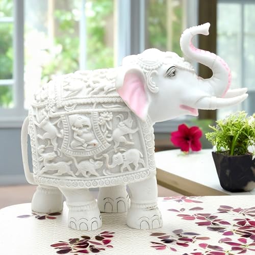 Elegant White Jumbo Elephant Statue Trunk Up | Handcrafted Marble Dust Decorative Piece for Prosperity Good Fortune | Impressive Housewarming & Diwali Gift (8 x 10.5 inch)