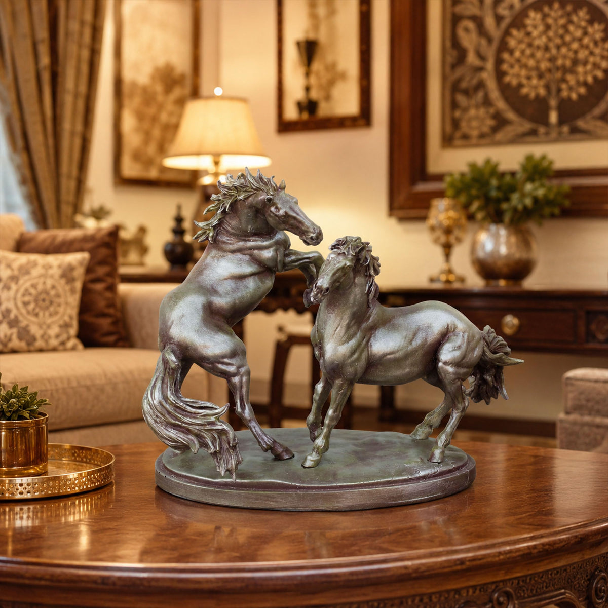 Bronze Finish Horse Pair Showpiece | Two Running Horses Figurine for Home Decor, Office Desk & Gifting | Symbol of Strength, Speed & Success (8 * 7inch)