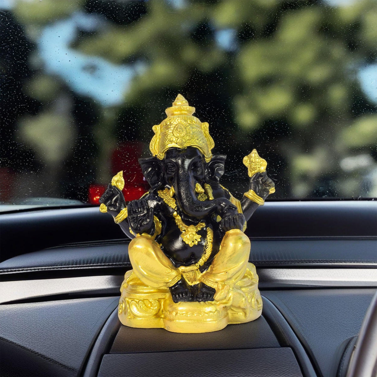 Divine Lord Ganesha Idol Dashboard Showpiece | 5-Inch Auspicious Statue for Car, Home Temple, Living Room Decor | Black & Gold (Black-Gold)
