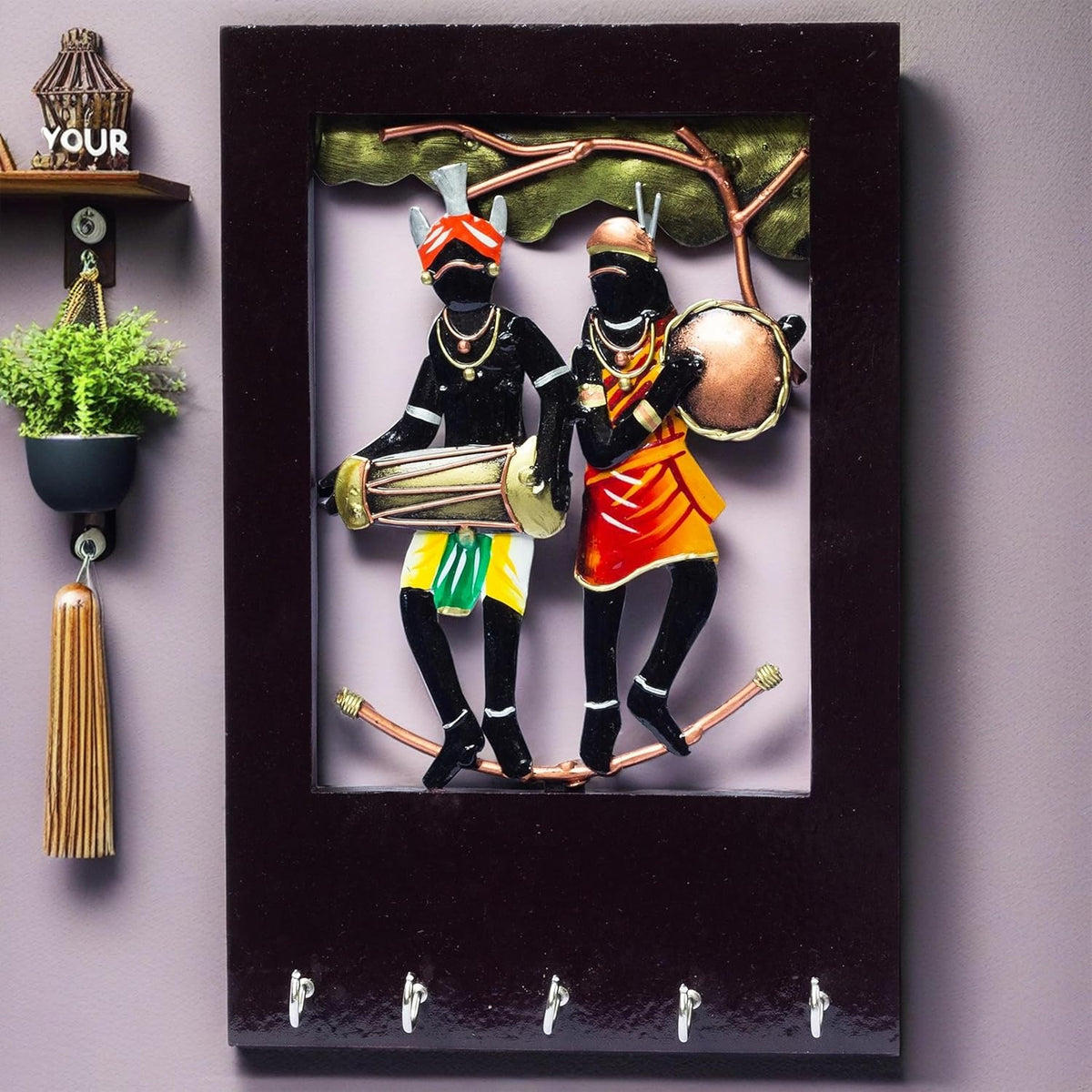 Wall Tribal Key Holder – 5 Hook Handcrafted Wooden and Metal Showpiece Keychain Holder Folk Art Decor for Entryway Organization