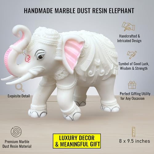 Elegant White Jumbo Elephant Statue Trunk Up | Handcrafted Marble Dust Decorative Piece for Prosperity Good Fortune | Impressive Housewarming & Diwali Gift (8 x 10.5 inch)