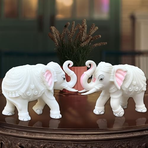White Marble Elephant Statue Pair (3x4 Inches), Trunk Up Decorative Elephant Figurine for Home Entrance, Living Room & Office, Vastu Feng Shui Diwali, Prosperity Gift