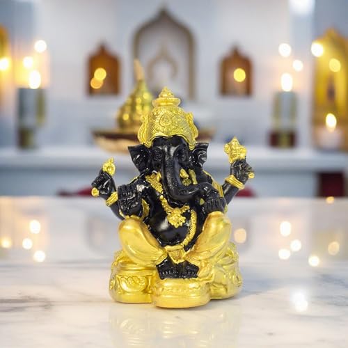 Divine Lord Ganesha Idol Dashboard Showpiece | 5-Inch Auspicious Statue for Car, Home Temple, Living Room Decor | Black & Gold (Black-Gold)
