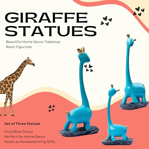 Blue Giraffe Poly Resin Decorative Statues (Set of 3 Pcs) – Modern Home Décor Showpiece with Gold Accents, Artistic Animal Figurines for Living Room, Office, Gifts (Giraffe)