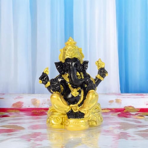 Divine Lord Ganesha Idol Dashboard Showpiece | 5-Inch Auspicious Statue for Car, Home Temple, Living Room Decor | Black & Gold (Black-Gold)