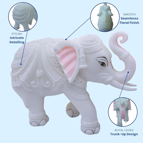 Elegant White Jumbo Elephant Statue Trunk Up | Handcrafted Marble Dust Decorative Piece for Prosperity Good Fortune | Impressive Housewarming & Diwali Gift (8 x 10.5 inch)