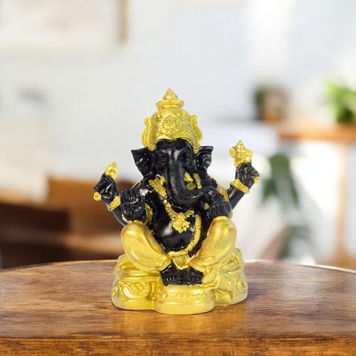 Divine Lord Ganesha Idol Dashboard Showpiece | 5-Inch Auspicious Statue for Car, Home Temple, Living Room Decor | Black & Gold (Black-Gold)