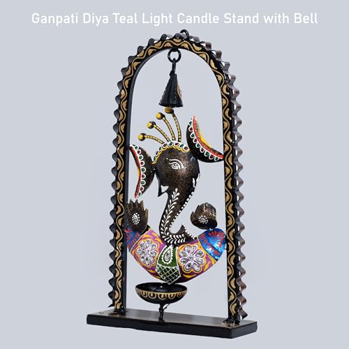 Ganesh Tea Light Candle Diya with Ringing Bell Decorative Metal Statue Showpiece for Living Room Home Decor, Tabletop, Diwali Gift