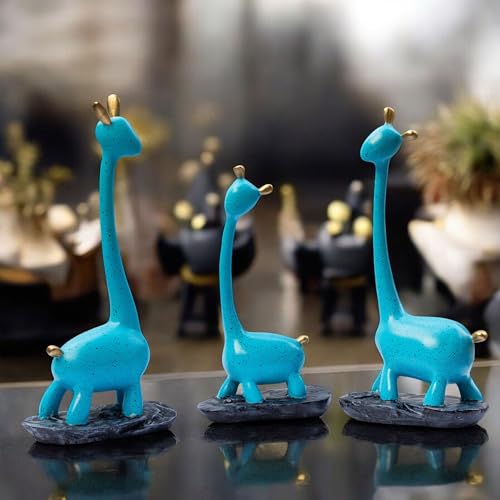 Blue Giraffe Poly Resin Decorative Statues (Set of 3 Pcs) – Modern Home Décor Showpiece with Gold Accents, Artistic Animal Figurines for Living Room, Office, Gifts (Giraffe)