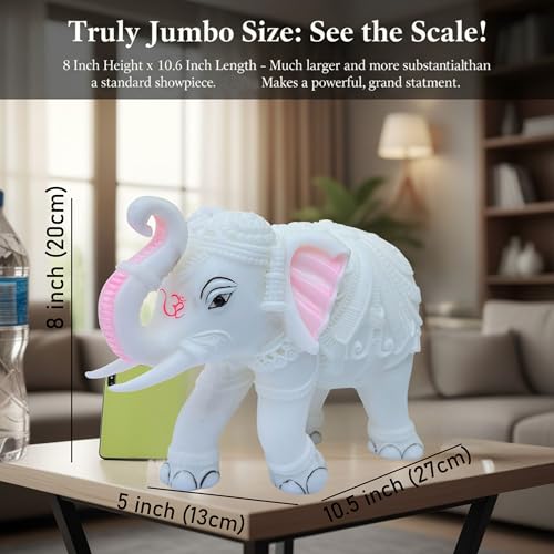Elegant White Jumbo Elephant Statue Trunk Up | Handcrafted Marble Dust Decorative Piece for Prosperity Good Fortune | Impressive Housewarming & Diwali Gift (8 x 10.5 inch)