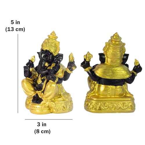 Divine Lord Ganesha Idol Dashboard Showpiece | 5-Inch Auspicious Statue for Car, Home Temple, Living Room Decor | Black & Gold (Black-Gold)