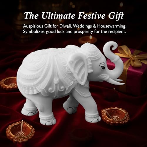 Elegant White Jumbo Elephant Statue Trunk Up | Handcrafted Marble Dust Decorative Piece for Prosperity Good Fortune | Impressive Housewarming & Diwali Gift (8 x 10.5 inch)