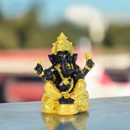 Divine Lord Ganesha Idol Dashboard Showpiece | 5-Inch Auspicious Statue for Car, Home Temple, Living Room Decor | Black & Gold (Black-Gold)