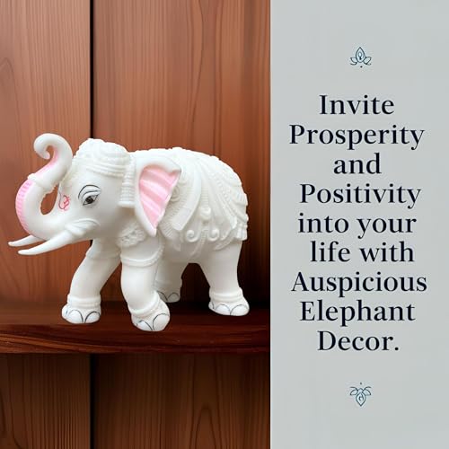 White Marble Elephant Statue Pair (3x4 Inches), Trunk Up Decorative Elephant Figurine for Home Entrance, Living Room & Office, Vastu Feng Shui Diwali, Prosperity Gift