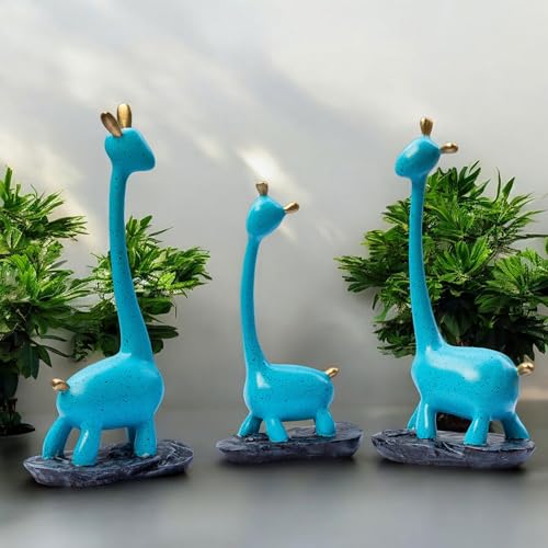 Blue Giraffe Poly Resin Decorative Statues (Set of 3 Pcs) – Modern Home Décor Showpiece with Gold Accents, Artistic Animal Figurines for Living Room, Office, Gifts (Giraffe)