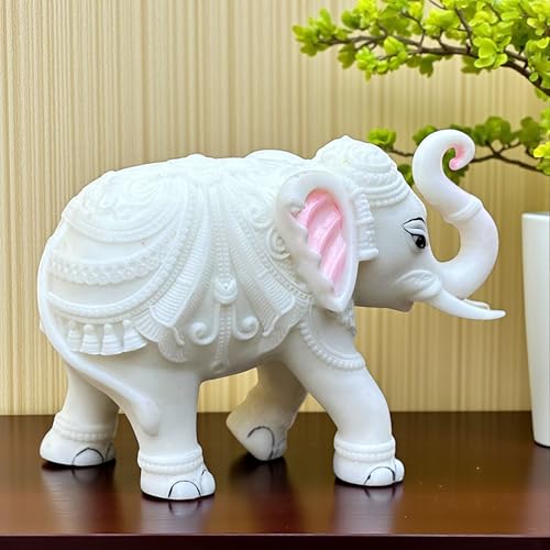 Elegant White Jumbo Elephant Statue Trunk Up | Handcrafted Marble Dust Decorative Piece for Prosperity Good Fortune | Impressive Housewarming & Diwali Gift (8 x 10.5 inch)