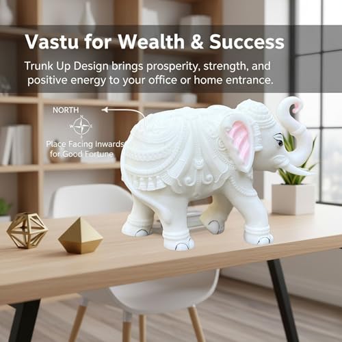 Elegant White Jumbo Elephant Statue Trunk Up | Handcrafted Marble Dust Decorative Piece for Prosperity Good Fortune | Impressive Housewarming & Diwali Gift (8 x 10.5 inch)