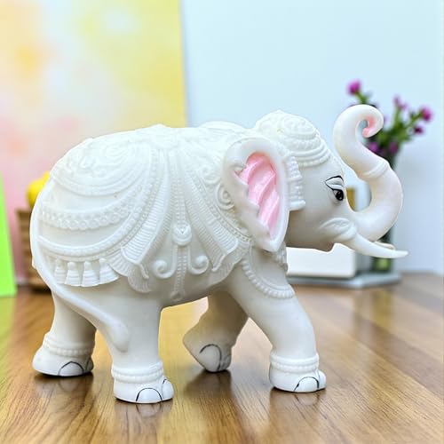 Elegant White Jumbo Elephant Statue Trunk Up | Handcrafted Marble Dust Decorative Piece for Prosperity Good Fortune | Impressive Housewarming & Diwali Gift (8 x 10.5 inch)