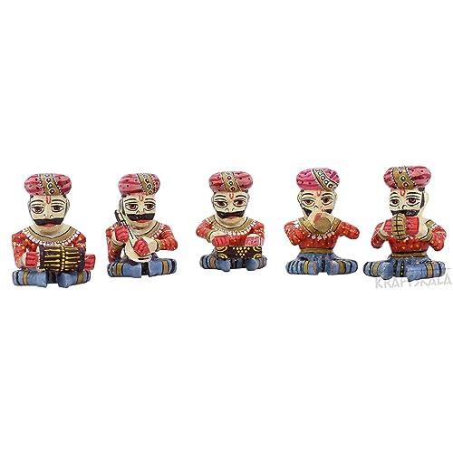Wooden Bawla Set Rajasthani Decor Item, 5 Folk Musical Showpieces for Living Room, Home, Office Decor (4 inch)