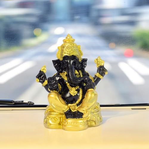 Divine Lord Ganesha Idol Dashboard Showpiece | 5-Inch Auspicious Statue for Car, Home Temple, Living Room Decor | Black & Gold (Black-Gold)