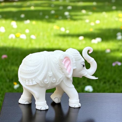 White Marble Elephant Statue Pair (3x4 Inches), Trunk Up Decorative Elephant Figurine for Home Entrance, Living Room & Office, Vastu Feng Shui Diwali, Prosperity Gift