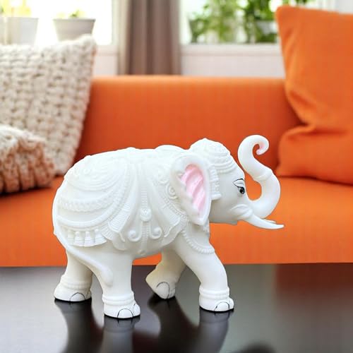 White Marble Elephant Statue Pair (3x4 Inches), Trunk Up Decorative Elephant Figurine for Home Entrance, Living Room & Office, Vastu Feng Shui Diwali, Prosperity Gift