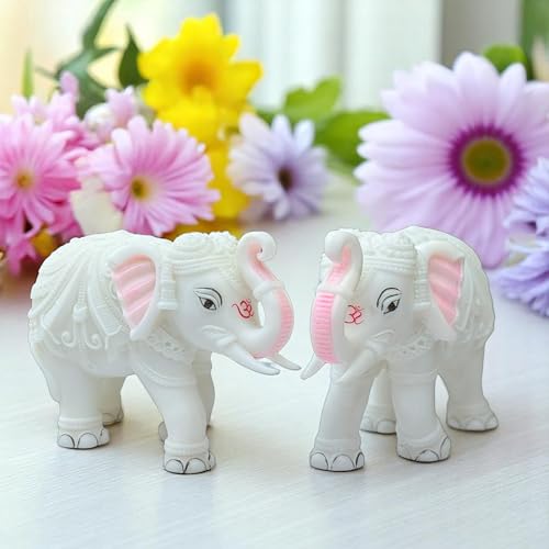 White Marble Elephant Statue Pair (3x4 Inches), Trunk Up Decorative Elephant Figurine for Home Entrance, Living Room & Office, Vastu Feng Shui Diwali, Prosperity Gift