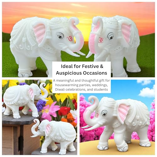 White Marble Elephant Statue Pair (3x4 Inches), Trunk Up Decorative Elephant Figurine for Home Entrance, Living Room & Office, Vastu Feng Shui Diwali, Prosperity Gift
