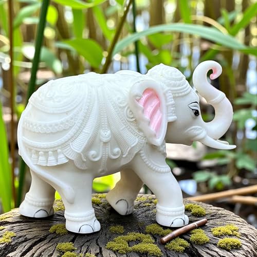 Elegant White Jumbo Elephant Statue Trunk Up | Handcrafted Marble Dust Decorative Piece for Prosperity Good Fortune | Impressive Housewarming & Diwali Gift (8 x 10.5 inch)