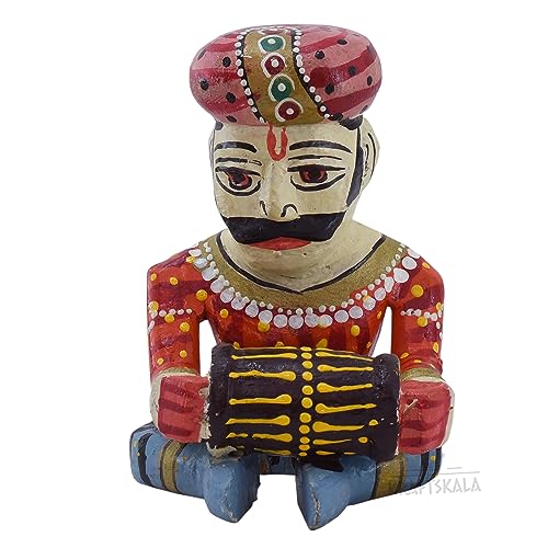 Wooden Bawla Set Rajasthani Decor Item, 5 Folk Musical Showpieces for Living Room, Home, Office Decor (4 inch)