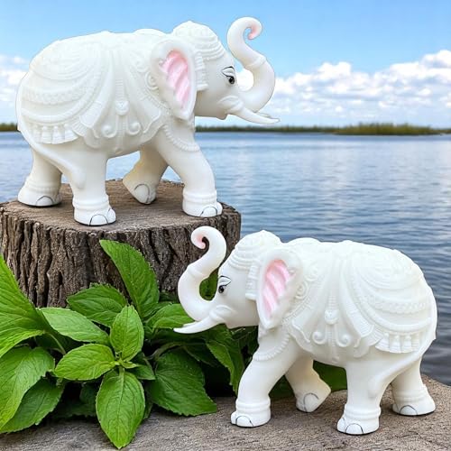 White Marble Elephant Statue Pair (3x4 Inches), Trunk Up Decorative Elephant Figurine for Home Entrance, Living Room & Office, Vastu Feng Shui Diwali, Prosperity Gift