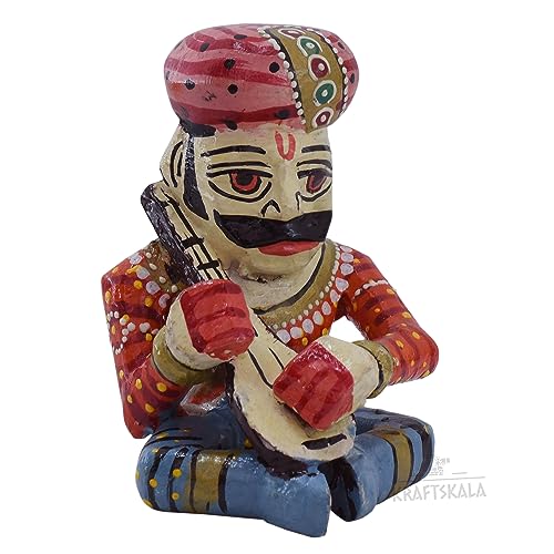 Wooden Bawla Set Rajasthani Decor Item, 5 Folk Musical Showpieces for Living Room, Home, Office Decor (4 inch)