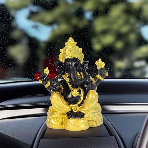 Divine Lord Ganesha Idol Dashboard Showpiece | 5-Inch Auspicious Statue for Car, Home Temple, Living Room Decor | Black & Gold (Black-Gold)