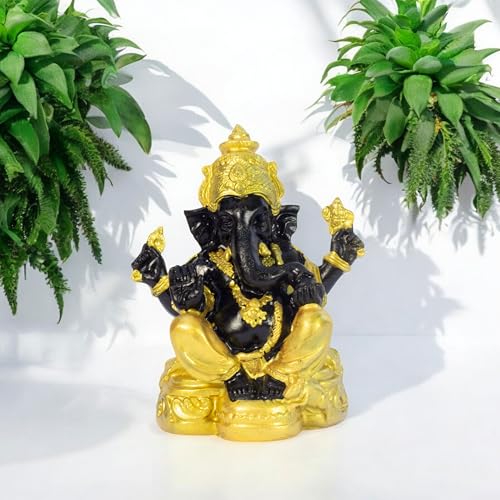 Divine Lord Ganesha Idol Dashboard Showpiece | 5-Inch Auspicious Statue for Car, Home Temple, Living Room Decor | Black & Gold (Black-Gold)
