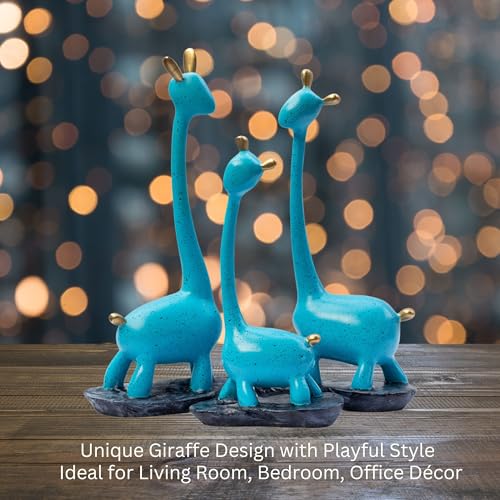 Blue Giraffe Poly Resin Decorative Statues (Set of 3 Pcs) – Modern Home Décor Showpiece with Gold Accents, Artistic Animal Figurines for Living Room, Office, Gifts (Giraffe)