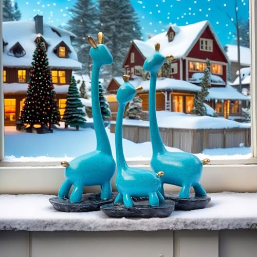 Blue Giraffe Poly Resin Decorative Statues (Set of 3 Pcs) – Modern Home Décor Showpiece with Gold Accents, Artistic Animal Figurines for Living Room, Office, Gifts (Giraffe)