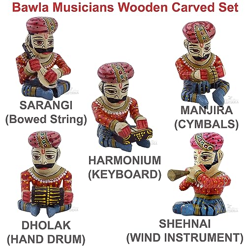 Wooden Bawla Set Rajasthani Decor Item, 5 Folk Musical Showpieces for Living Room, Home, Office Decor (4 inch)
