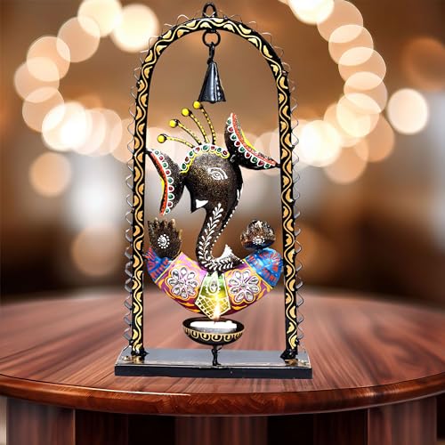 Ganesh Tea Light Candle Diya with Ringing Bell Decorative Metal Statue Showpiece for Living Room Home Decor, Tabletop, Diwali Gift