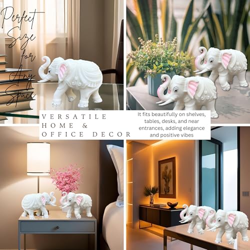 White Marble Elephant Statue Pair (3x4 Inches), Trunk Up Decorative Elephant Figurine for Home Entrance, Living Room & Office, Vastu Feng Shui Diwali, Prosperity Gift