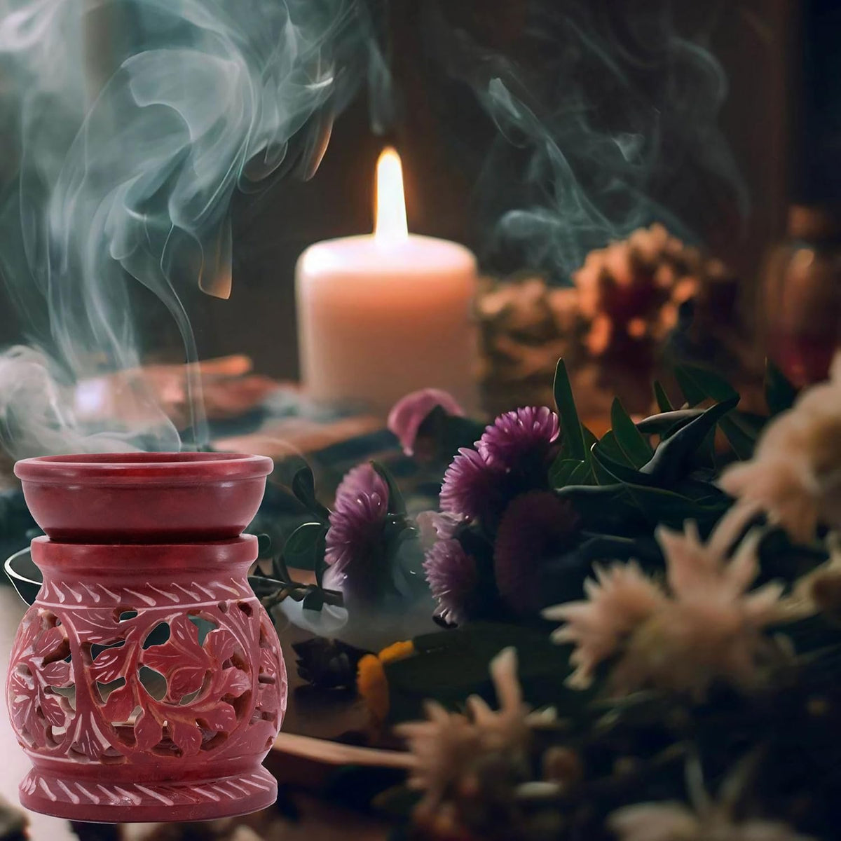 Hand-Carved Soapstone Aromatherapy Diffuser, Essential Oil Burner Aroma Diffuser for Home Fragrance (Floral)