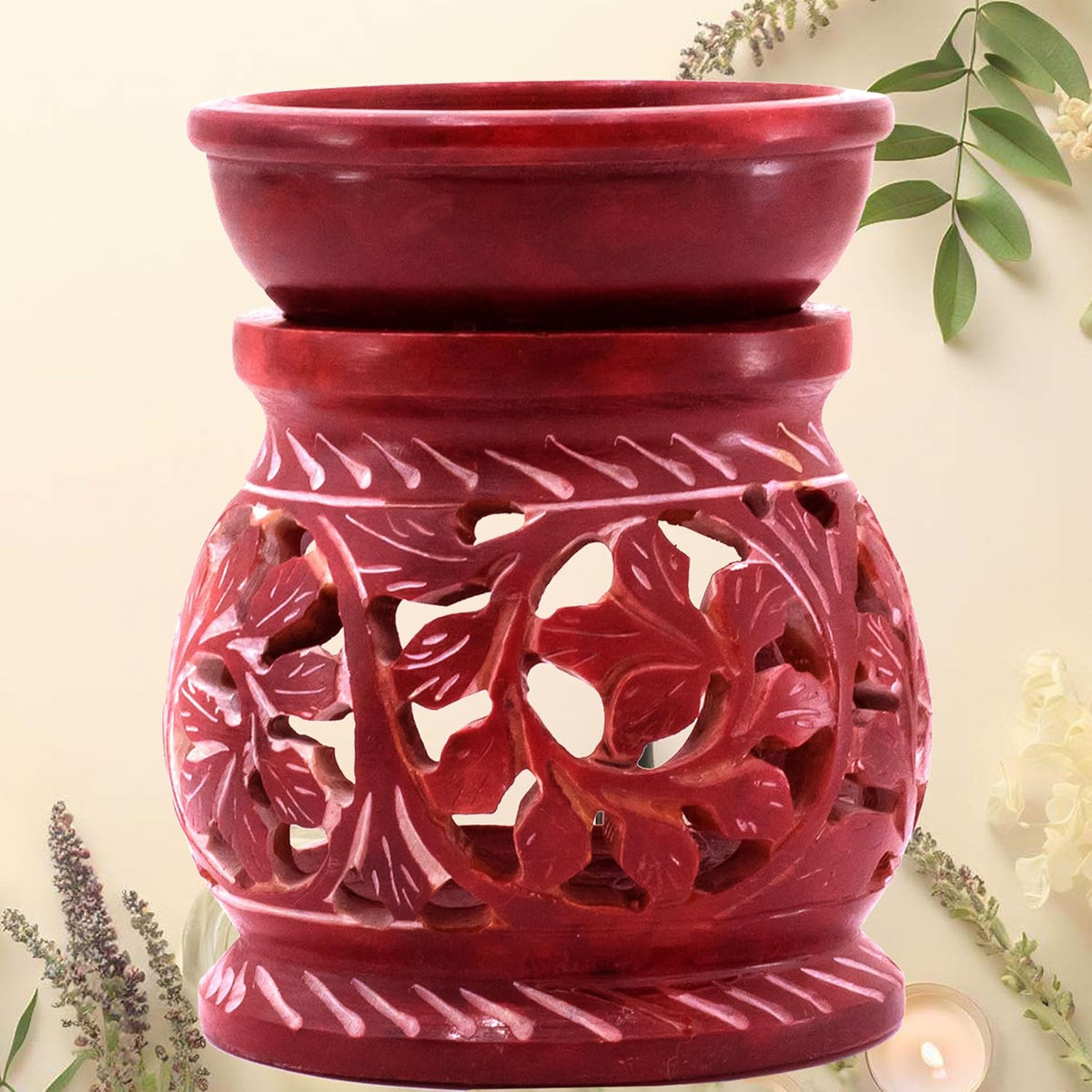 Hand-Carved Soapstone Aromatherapy Diffuser, Essential Oil Burner Aroma Diffuser for Home Fragrance (Floral)