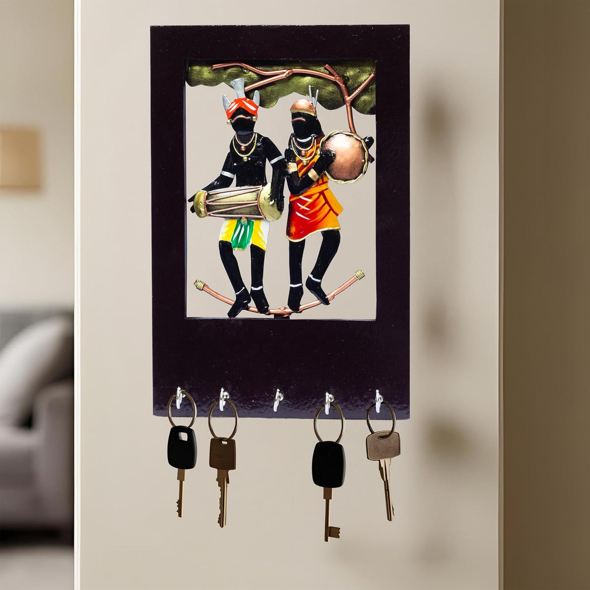 Wall Tribal Key Holder – 5 Hook Handcrafted Wooden and Metal Showpiece Keychain Holder Folk Art Decor for Entryway Organization