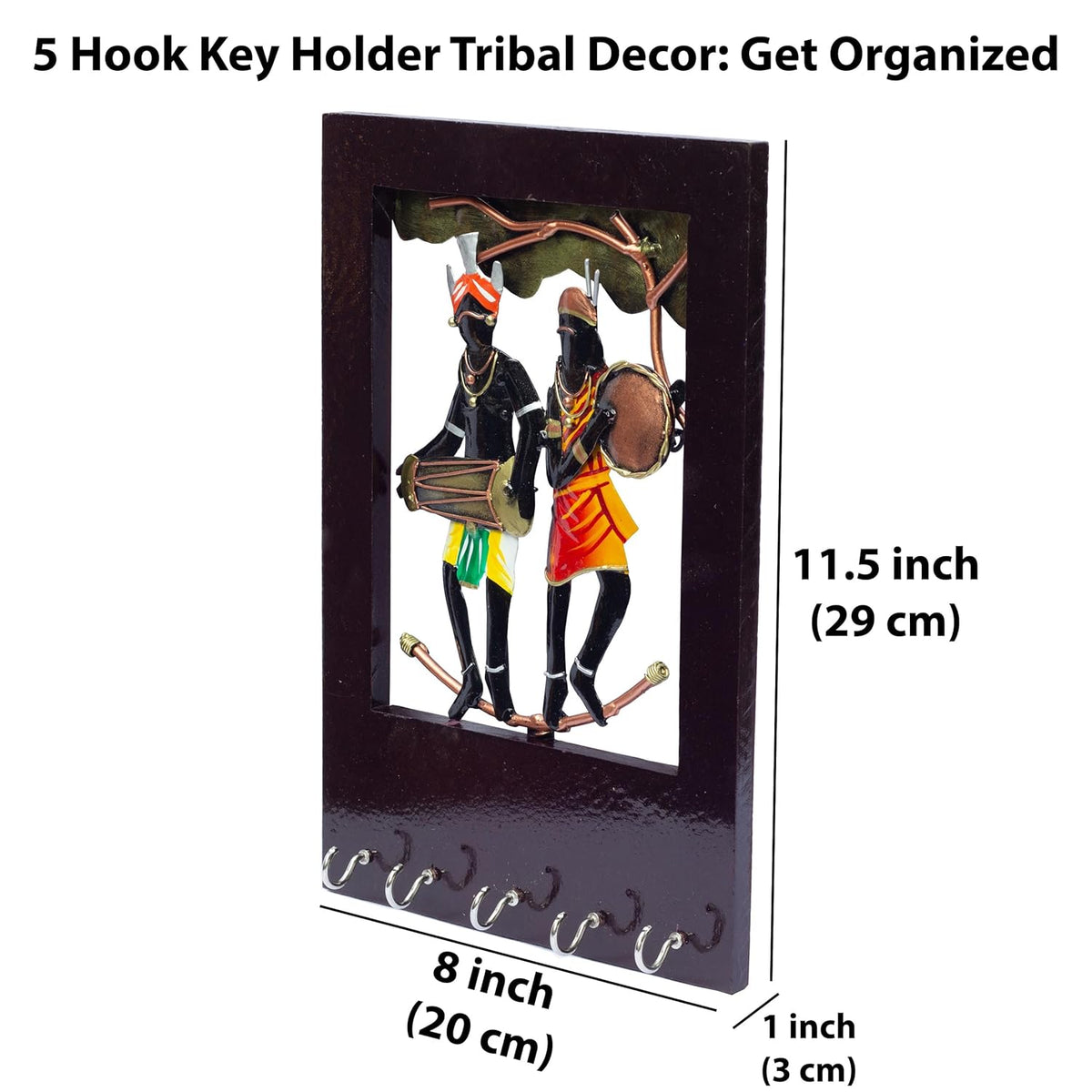 Wall Tribal Key Holder – 5 Hook Handcrafted Wooden and Metal Showpiece Keychain Holder Folk Art Decor for Entryway Organization