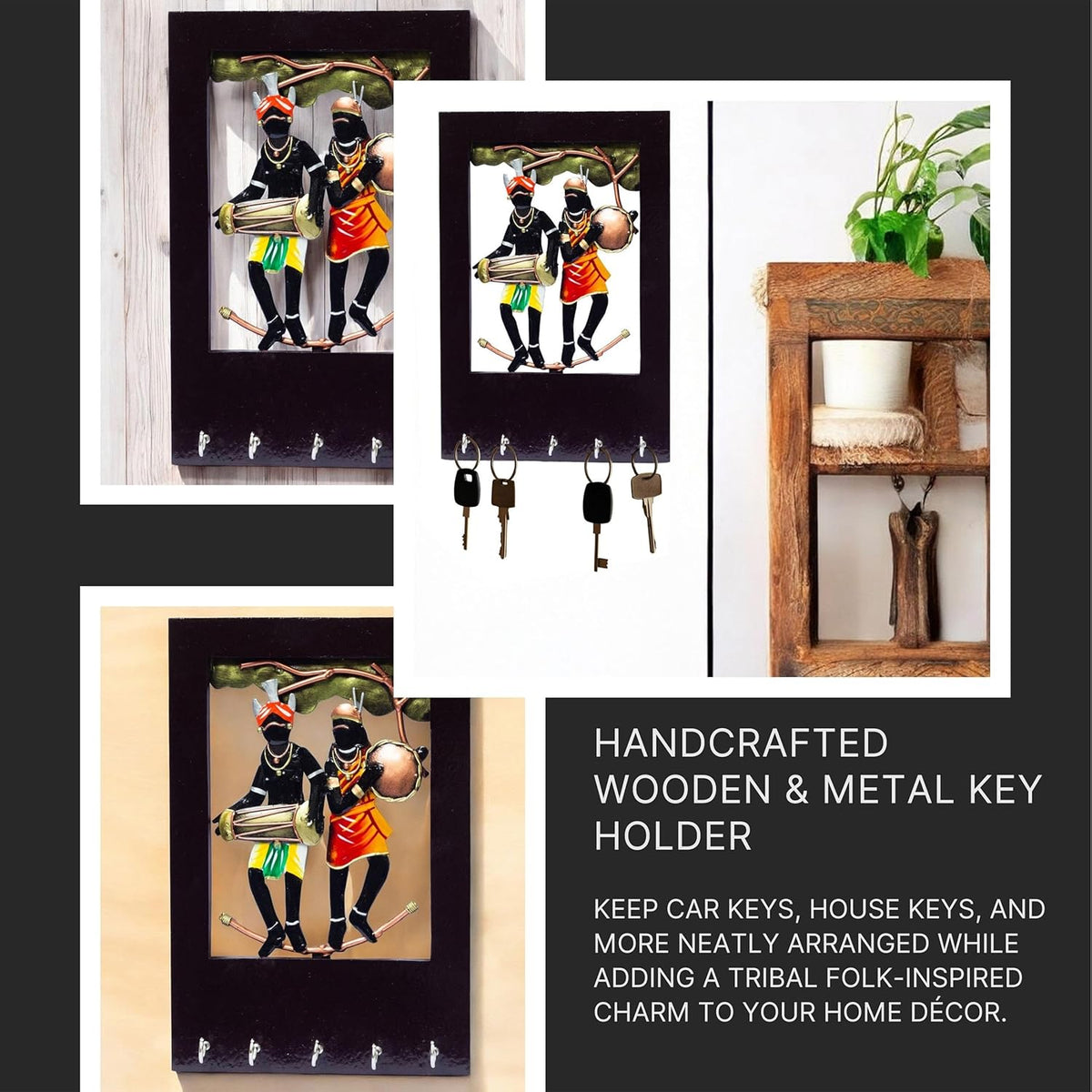 Wall Tribal Key Holder – 5 Hook Handcrafted Wooden and Metal Showpiece Keychain Holder Folk Art Decor for Entryway Organization