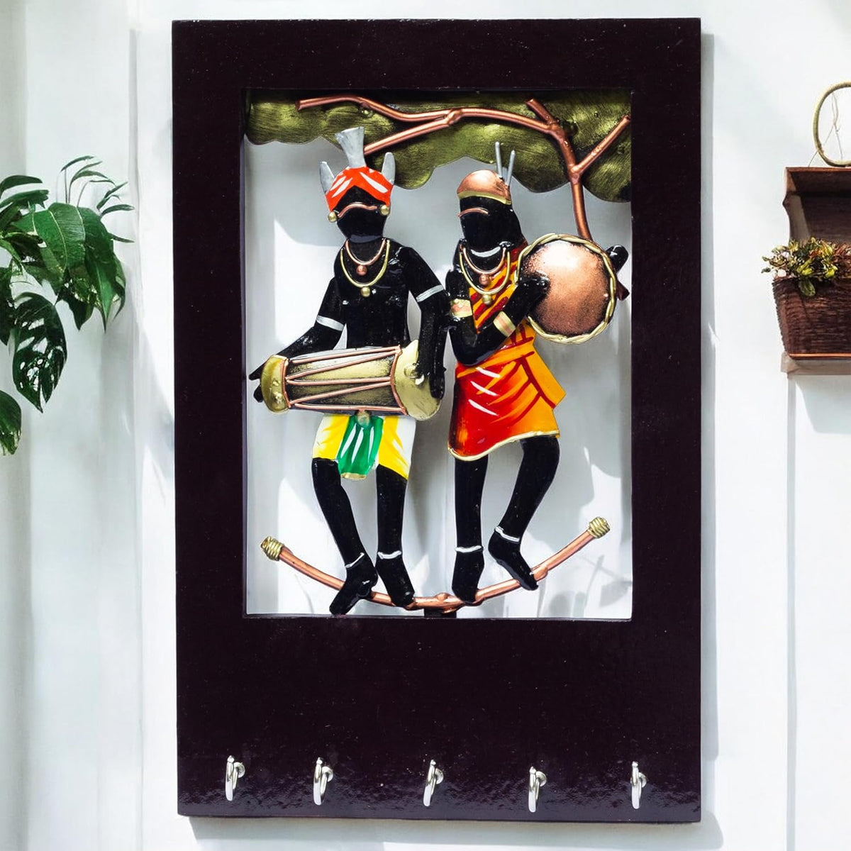 Wall Tribal Key Holder – 5 Hook Handcrafted Wooden and Metal Showpiece Keychain Holder Folk Art Decor for Entryway Organization