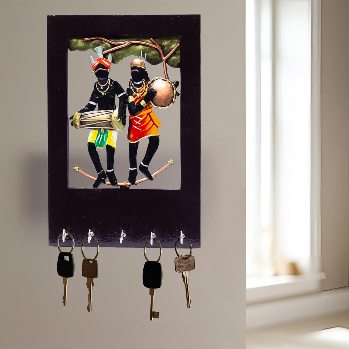 Wall Tribal Key Holder – 5 Hook Handcrafted Wooden and Metal Showpiece Keychain Holder Folk Art Decor for Entryway Organization